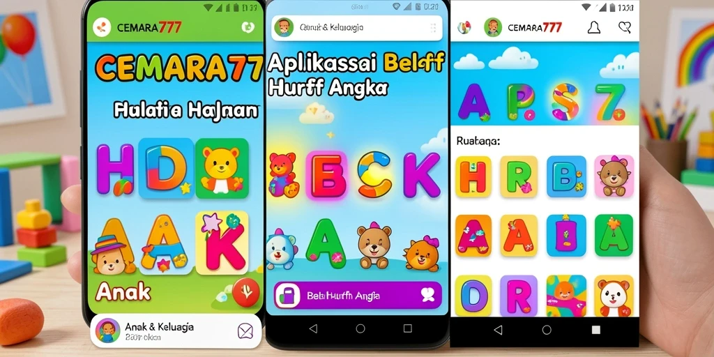 Tampilan utama aplikasi CEMARA777 dengan fitur edukatif belajar huruf dan angka.
