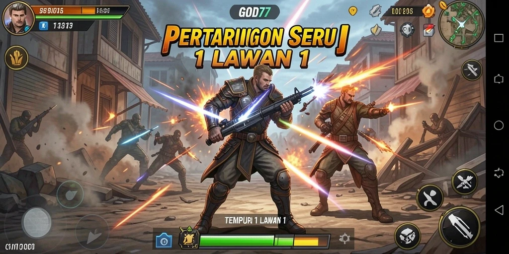 Tampilan antarmuka pertarungan 1 Lawan 1 dalam GOD77 yang dinamis.