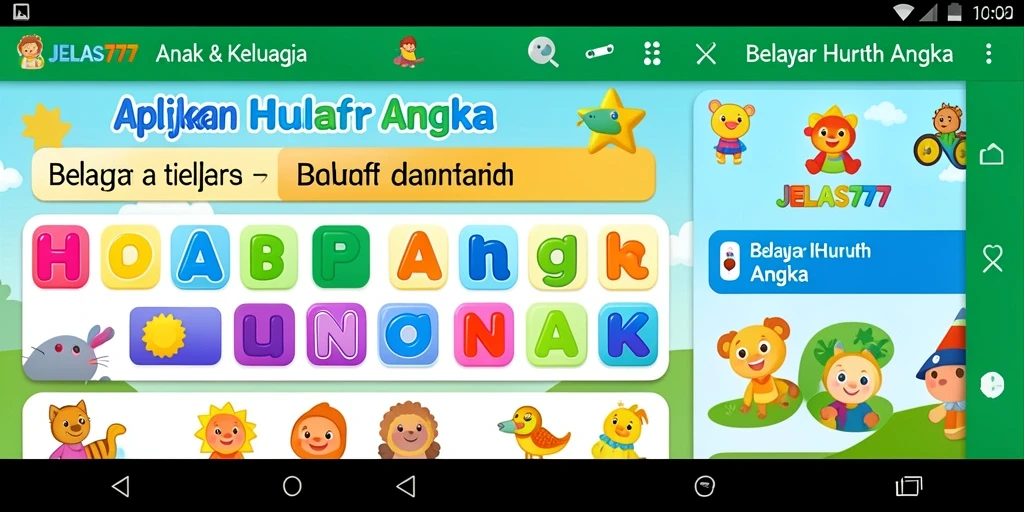 Tampilan aplikasi JELAS777 menampilkan interaksi belajar huruf dan angka.